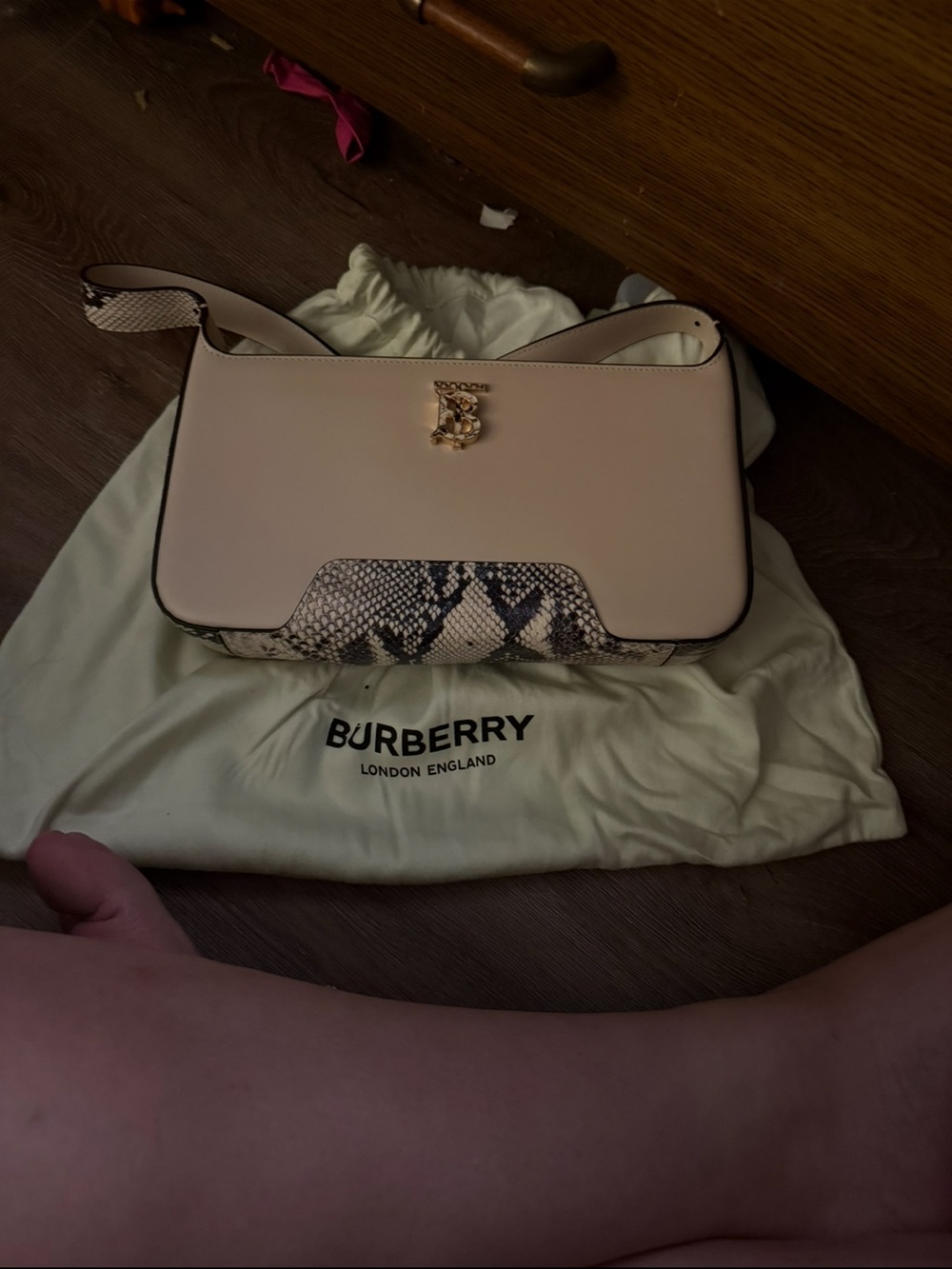 Burberry Blush Pink Leather Shoulder Bag with Snake-Print Trim
